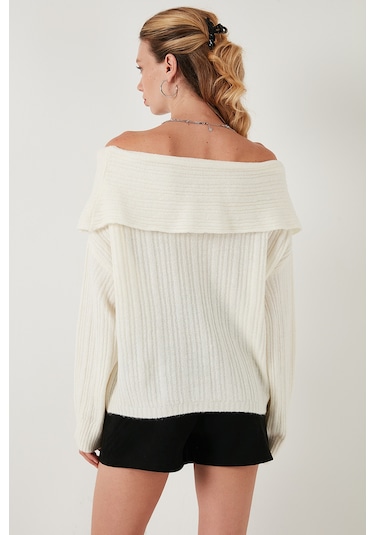 Lela Oversize Fit Madonna Yaka Triko Bayan Kazak 4615216 Ekru