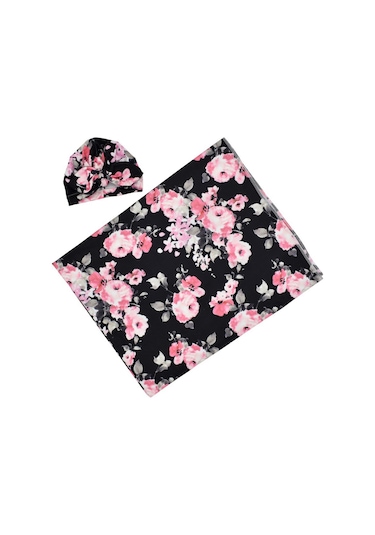 Yaozixa Yeni Doğan Bebek Battaniyesi Ve Şapkalı Sarıtm - Poliester Elbise - Siyah Tabanlı Çiçek Desenli - 86x137 Cm Siyah