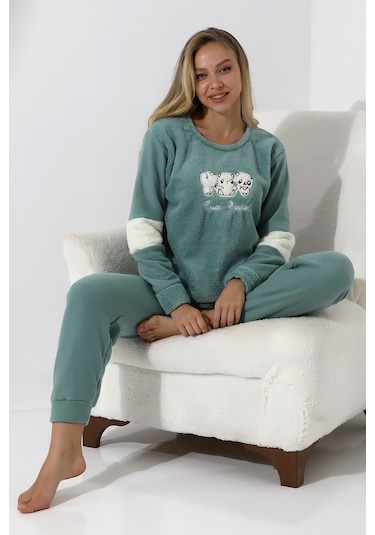 Fawn 5024 Peluş Welsoft Polar Kışlık Yumoş Kadın Pijama Takımı Yeşil