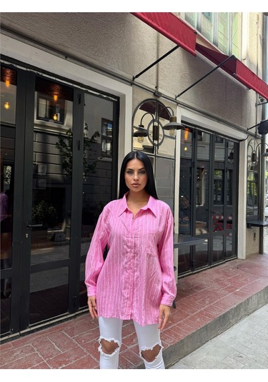 Pembe Çizgili Oversize Düğmeli Gömlek Pembe