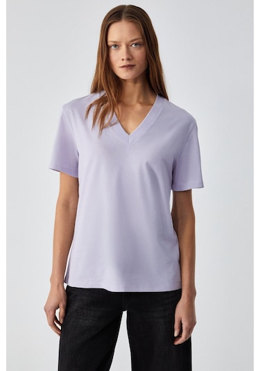 GRIMELANGE Alıne Kadın %100 Organik Pamuk Derin V Yakalı Comfort Fit Lila T-shirt Lila