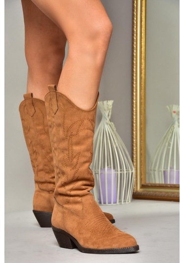 Fox Shoes T404401202 Taba Süet Kovboy Model Kadın Çizme Taba-Süet