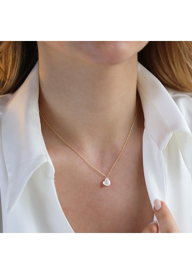 Mini Kalpli Kuvars Taşlı Gold Kaplama Gümüş Kolye Gümüş