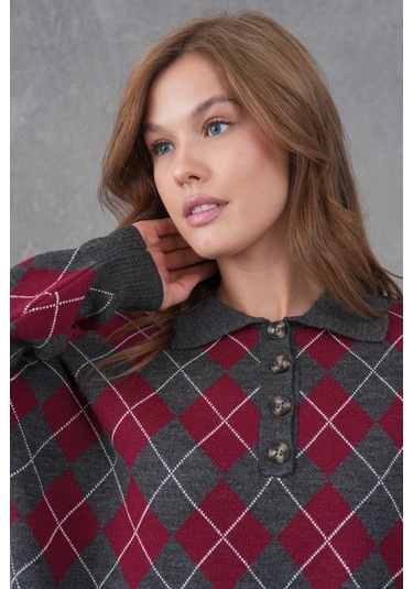 Kadın Polo Yaka Yarım Pat Düğme Detay Desenli Oversize Triko Kazak Antrasit