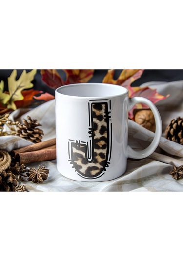 J Baş Harf Leopar Desenli Kupa Bardak - Kişiye Özel Feminen Konsept Hediye - Vahşi Hayvan Desenli Beyaz