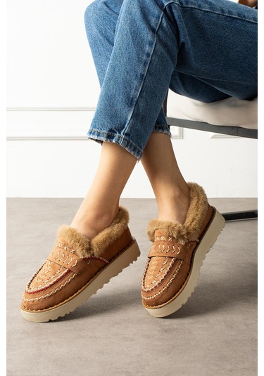 Shoetek Liyi Kadın Kısa İçi Kürklü Hafif Tabanlı Taba Süet Taba