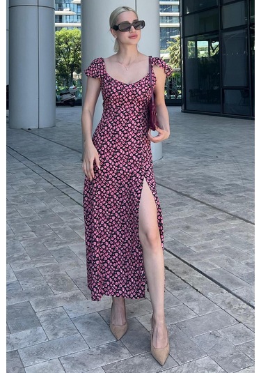 Madmext Siyah Desenli Yırtmaçlı Uzun Elbise Mg2004-siyah Siyah