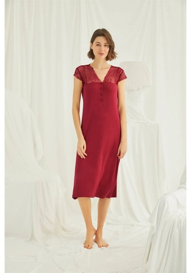 Monamise 18481 Kadın Kırmızı V Yaka Önden Düğmeli Dantelli Kısa Kollu Midi Büyük Beden Gecelik Kırmızı