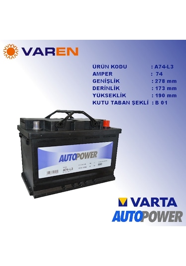 Autopower 12V 74 Ah Amper Akü (Varta Üretimi) 680A Fiyatları ve Özellikleri