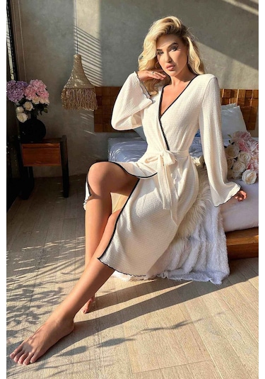 Merry See Özel Örme Kumaş Önden Bağlamalı Robdeşambr Beyaz