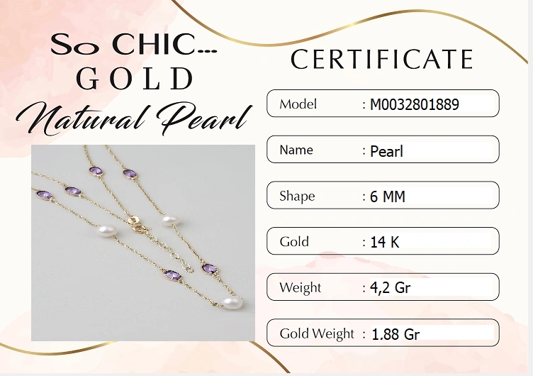 Doğal İnci Işıltısı 14 Ayar 45 Cm Sarı Altın Kolye Mor