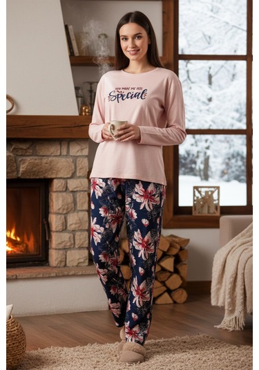 Remsa Kadın Çiçek Desen Suprem Pijama Takımı 0548 Pudra01 Pudra