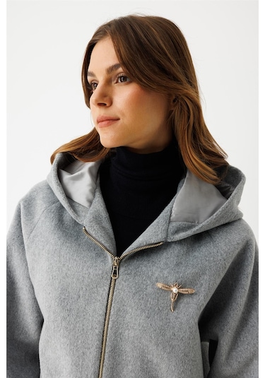 Fermuar Kapamalı Kapişonlu Kaban Gri Gri