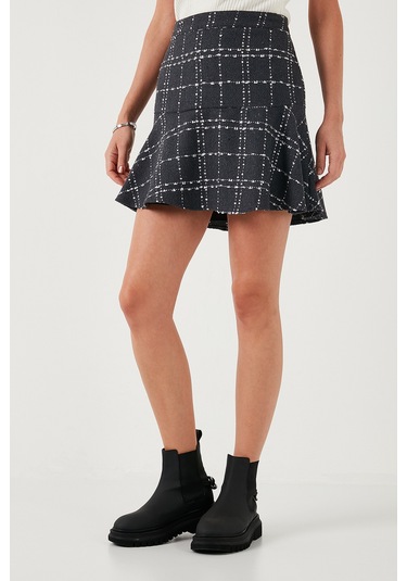 Lela Kareli Volanlı Mini Kışlık Bayan Etek 611Et00176W4 Koyu Gri