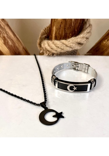 Gns Aksesuar Türk Bayrağı Figürlü Çelik Kolye & Bileklik Set