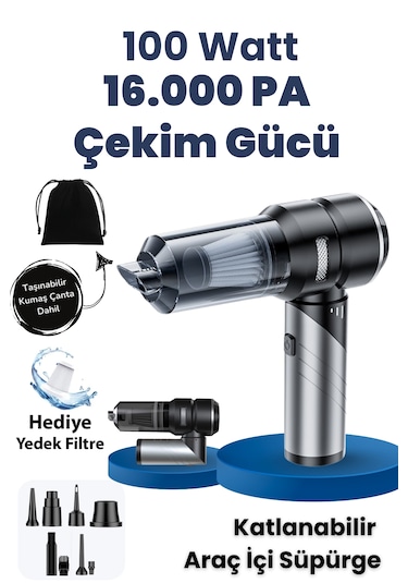 Yeni 16000pa Güçlü Portatif Vakumlu Ve Üflemeli Katlanabilir Araç Içi Süpürge Pro Hl-121 Siyah