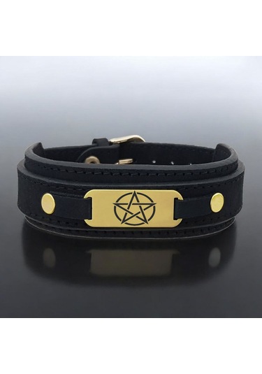Archin Köşeli Yıldız Temalı 14 Ayar Altın Plakalı Doğal Siyah Derili Oval Motifli Hediye Bileklik-438sembol Beş Köşeli Yıldız