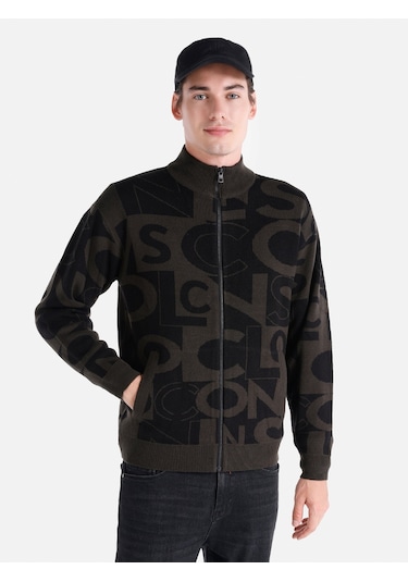 Colins Regular Fit Fermuarlı Baskılı Triko Siyah Erkek Hırka Cl1065574 Siyah