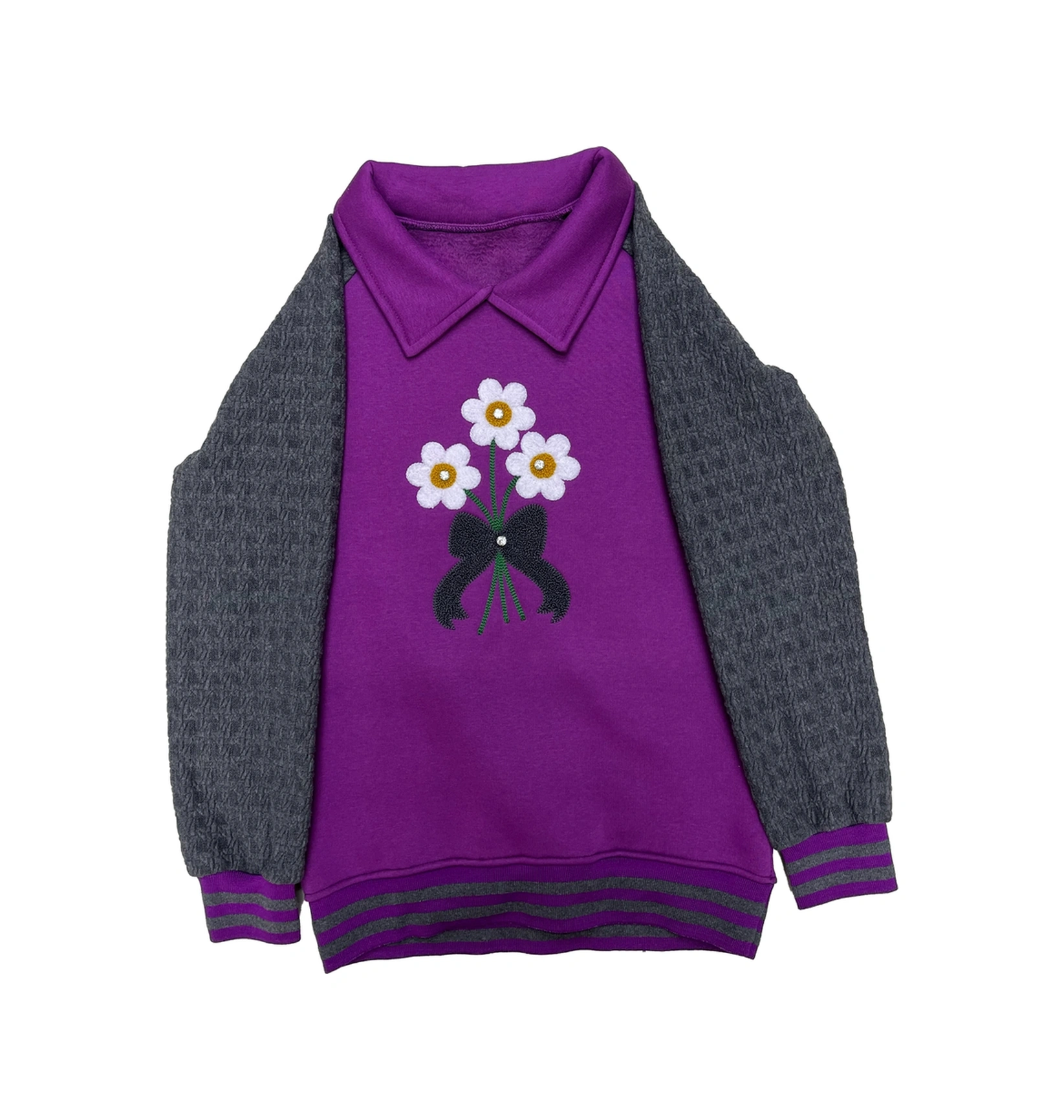 Kız Çocuk Papatya Nakışlı Ribana Detaylı 3 İplik Alt- Üst Takım 12322 Lila