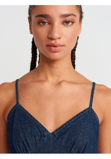Dilvin 90549 Askılı Denim Midi Elbise-lacivert Lacivert