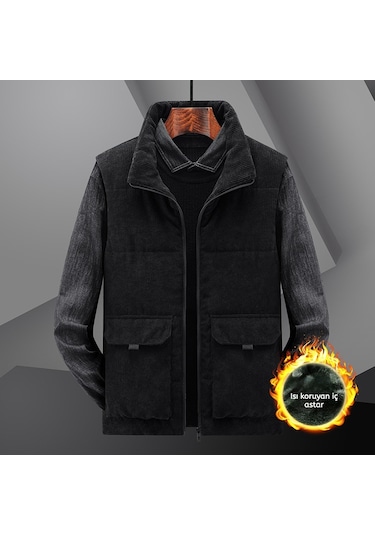 Snapbuy Kışlık Kalın Kadife İçi Kürklü Erkek Yelek Siyah