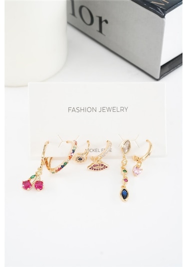 Kadın Vip Seri Mix Zirkon Taşlı 6'lı Küpe Seti - Altın