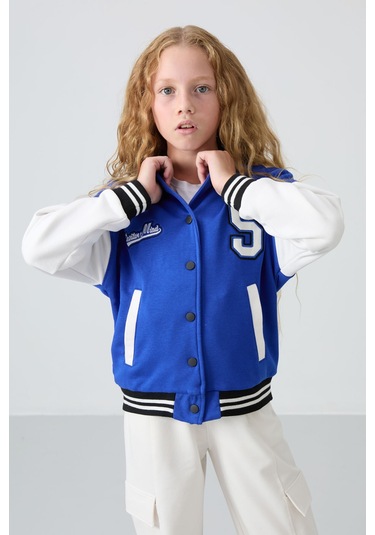 Tommy Life Gece Mavi Pamuklu İçi Tüylü Yumuşak Dokulu Standart Fit Nakışlı Kız Çocuk Kolej Ceket - 75163 Mavi