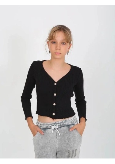 Kız Çocuk Kaşkorse Taşlı Düğmeli Hırka-14807 Siyah