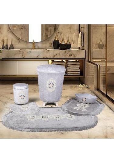Shems Gri 6 Prç Kirli Çamaşır Sepeti Seti + Banyo Paspası Seti