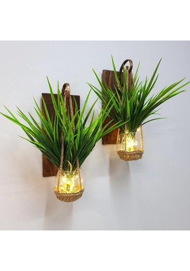 Duvar Dekoru, Led Işıklı, Yeşil Çimen Bitki, Ceviz Aplik İkili Set