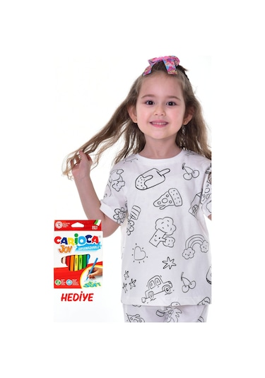 Zuzunga En Sevimli Figürler Özel Kalemi İle Boyanabilir Çocuk Pijama Takımı 12'li Kalem Seti Hediye Beyaz