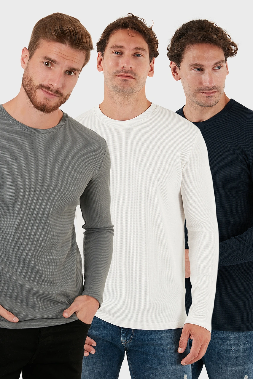 Buratti Pamuklu Bisklet Yaka Slim Fit Basic 3'Lü Paket Erkek Sweat 5905073S3 Antrasit-Ekru-Lacivert