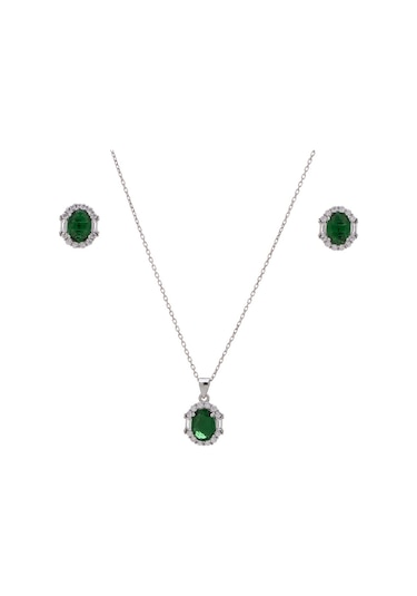 5-8 Mm Yeşil Oval Zirkon Taşlı 925 Ayar Gümüş Kadın 2'li Set Gümüş