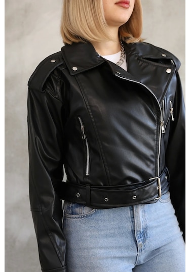 Genculus Kemerli Crop Deri Oversize Kadın Yeni Sezon Ceket Siyah