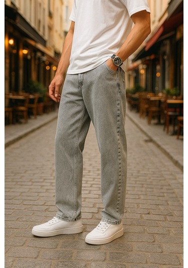 Baggy Gri Renk Rahat Kesim Erkek Jeans Pantolon-1792 Gri
