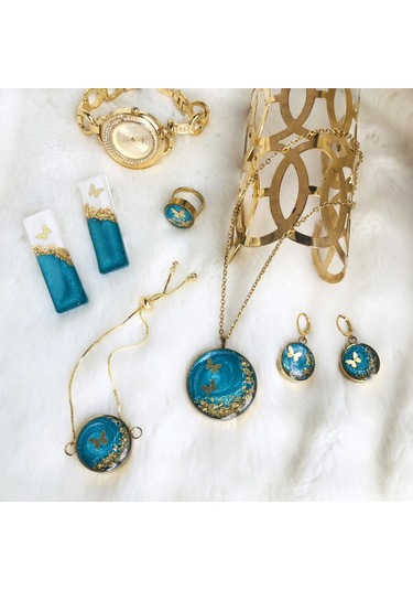 Ronik Altın Kaplama Çelik Kolye Küpe Bileklik Yüzük ve Saç Tokası 80923991 Altın