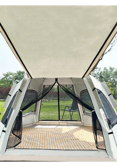 Tam Otomatik Su Ve Rüzgar Geçirmez Gölgelikli Altıgen Aile Çadırı 280x240x155 Cm Bej Bej