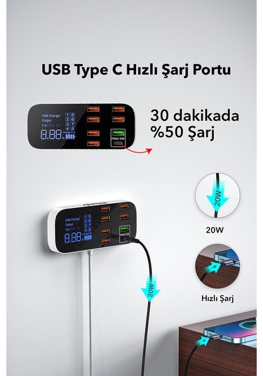 Spovan Impro Led Ekranlı 8 Port Usb Type C Şarj Cihazı
