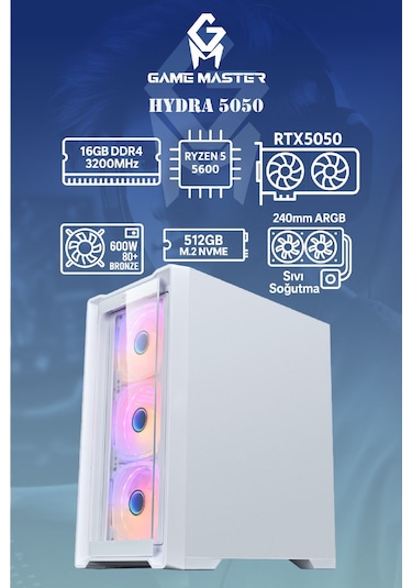 Game Master Hydra 5050 R5-5600 16 GB 512 GB SSD M2 RTX5050 Free Dos Masaüstü Oyuncu Bilgisayarı