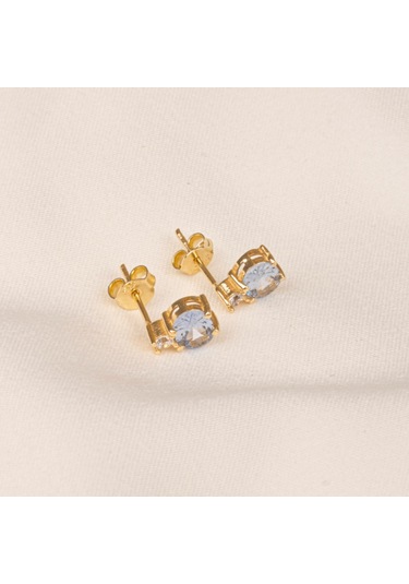 Altın Küpe - 14 Ayar Altın Oval Blue Topaz Taşlı Tektaş Küpe Sarı
