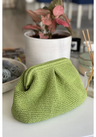 El Yapımı Açık Yeşil Renkli Pileli Örgü El Çantası Yeşil