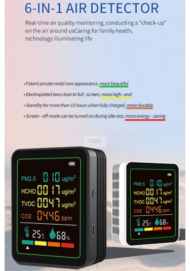 Yaozixa 6-in-1 Çevre İzleyici: Pm2.5, Co2, Tvoc, Hcho, Sıcaklık, Nem - Ir + Yarıiletken Sensörler, Dahili Pil, Beyaz Standart