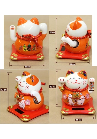 Seramik Maneki Neko Turuncu Güneş Enerjili Şans Kedisi 12cm No.4