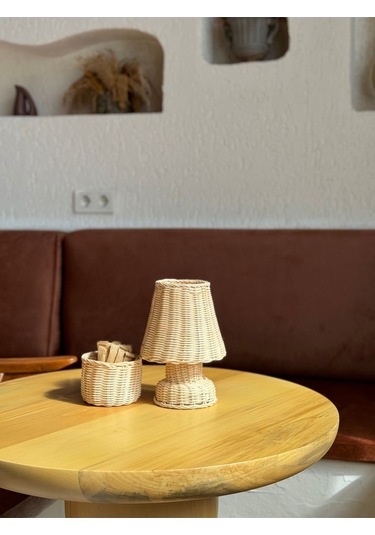 Rattan & Bambu Masa Üstü Kablosuz Pilli Abajur Alt- Üst Rattan Masa Lambası