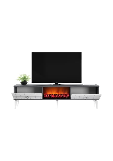 Volcanos Şömineli Tv Sehpası Tv Ünitesi Antrasit Beyaz
