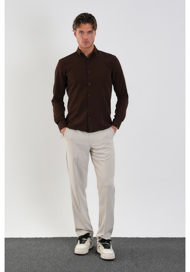 Redline Flex Slim Fit Yumuşak Kolay Ütü Nefes Alan Erkek Gömlek Kahve