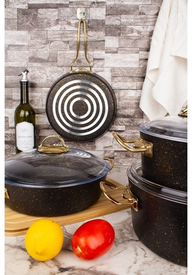 Çarşıdayız Stil 7 Parça Siyah Gold Granit Tencere Seti 26 Cm Siyah