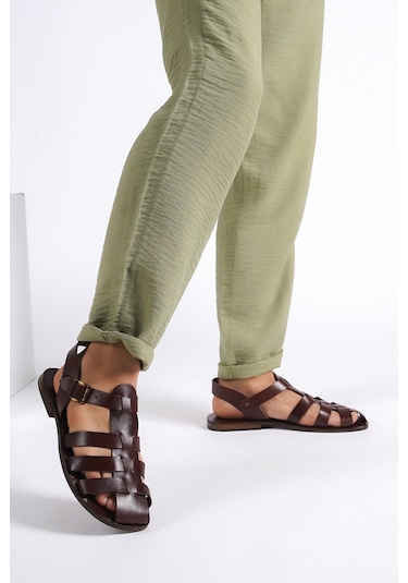 Sur Sandalet El Yapım Kösele Erkek Bodrum Sandalet Kahverengi