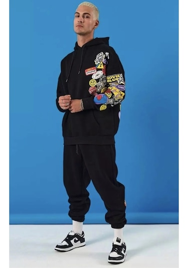 Trove Özel Tasarım Kapüşonlu Weekend Warrıor Baskılı Kışlık Oversize Erkek Eşofman Takımı Siyah