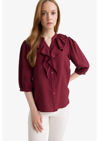 Defacto Regular Fit Bisiklet Yaka Volanlı Uzun Kollu Gömlek E9922ax25aubr194 Bordo